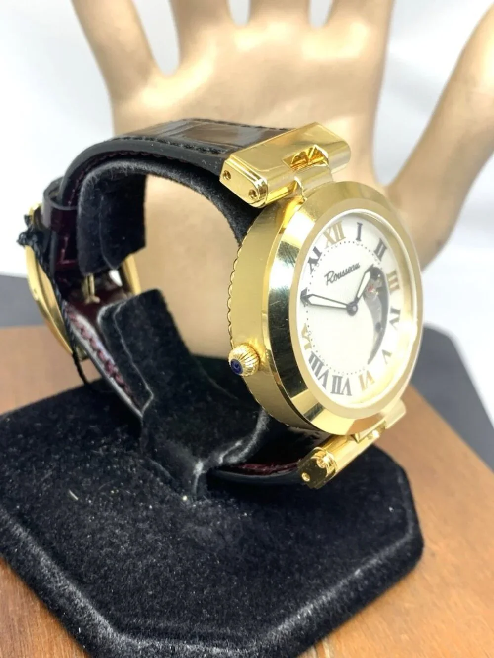 Rousseau Men's Watch Automatic Reverso Gold Tone Case Leather Strap 40mm